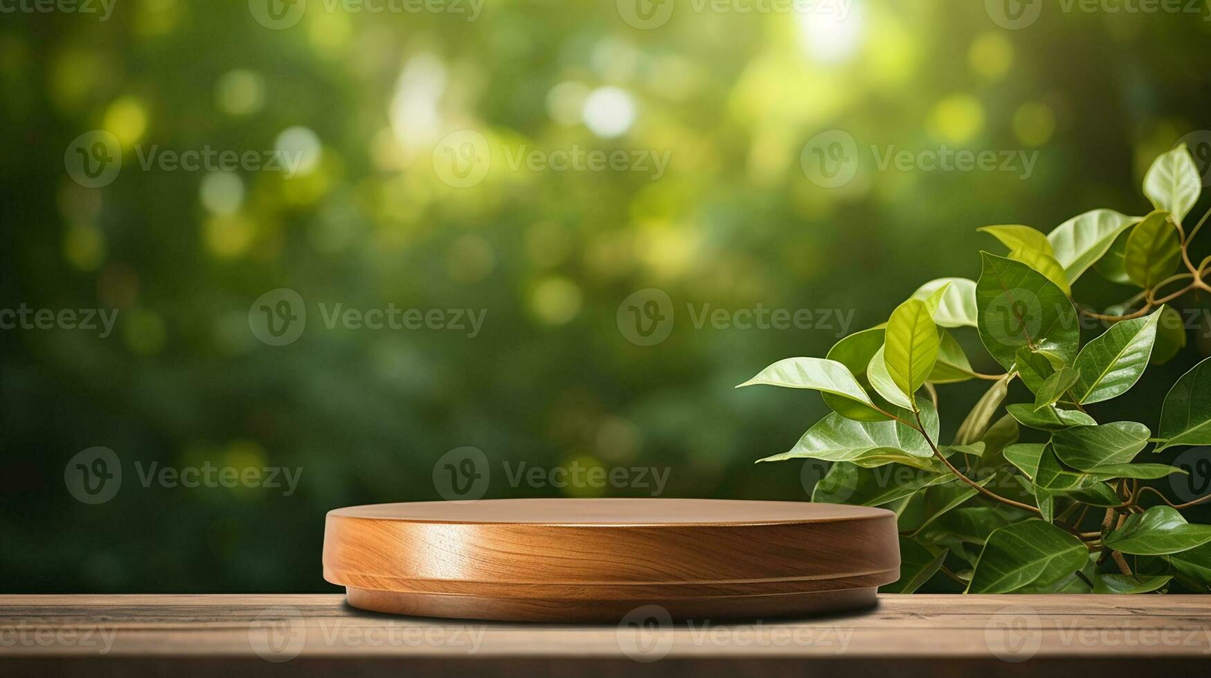 AI generated wooden podium product display in jungle or stage product showcase mock up Minimal scene for product display presentation photo