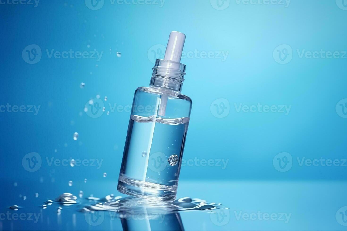 ai generado cosmético spa médico protección de la piel, vaso suero botella con colágeno en azul agua antecedentes con ondas. foto