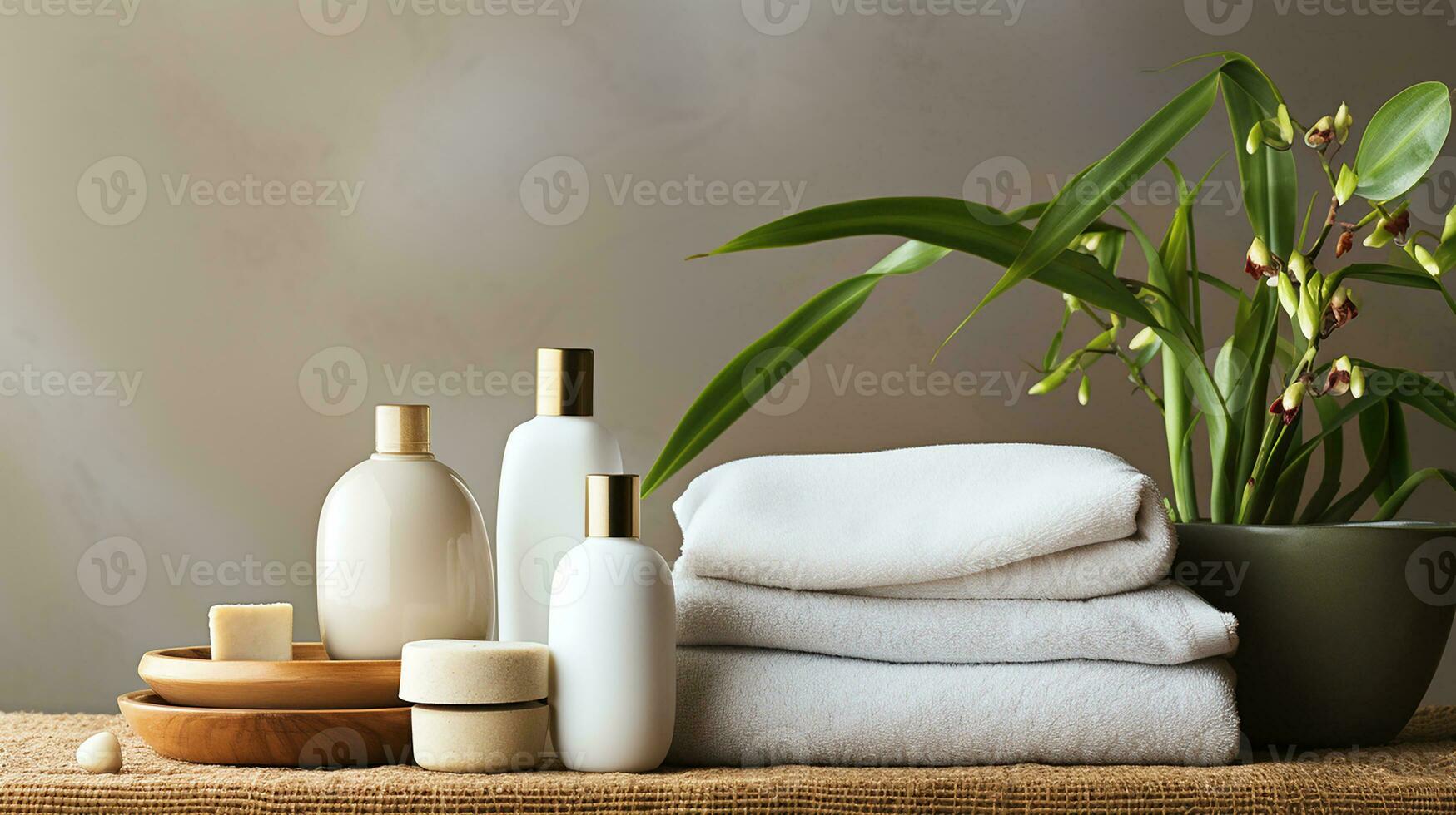 AI generated Beautiful spa and cosmetics products composition on wooden table Natural cosmetic products presentation Beauty, wellness, body care spa concept. photo