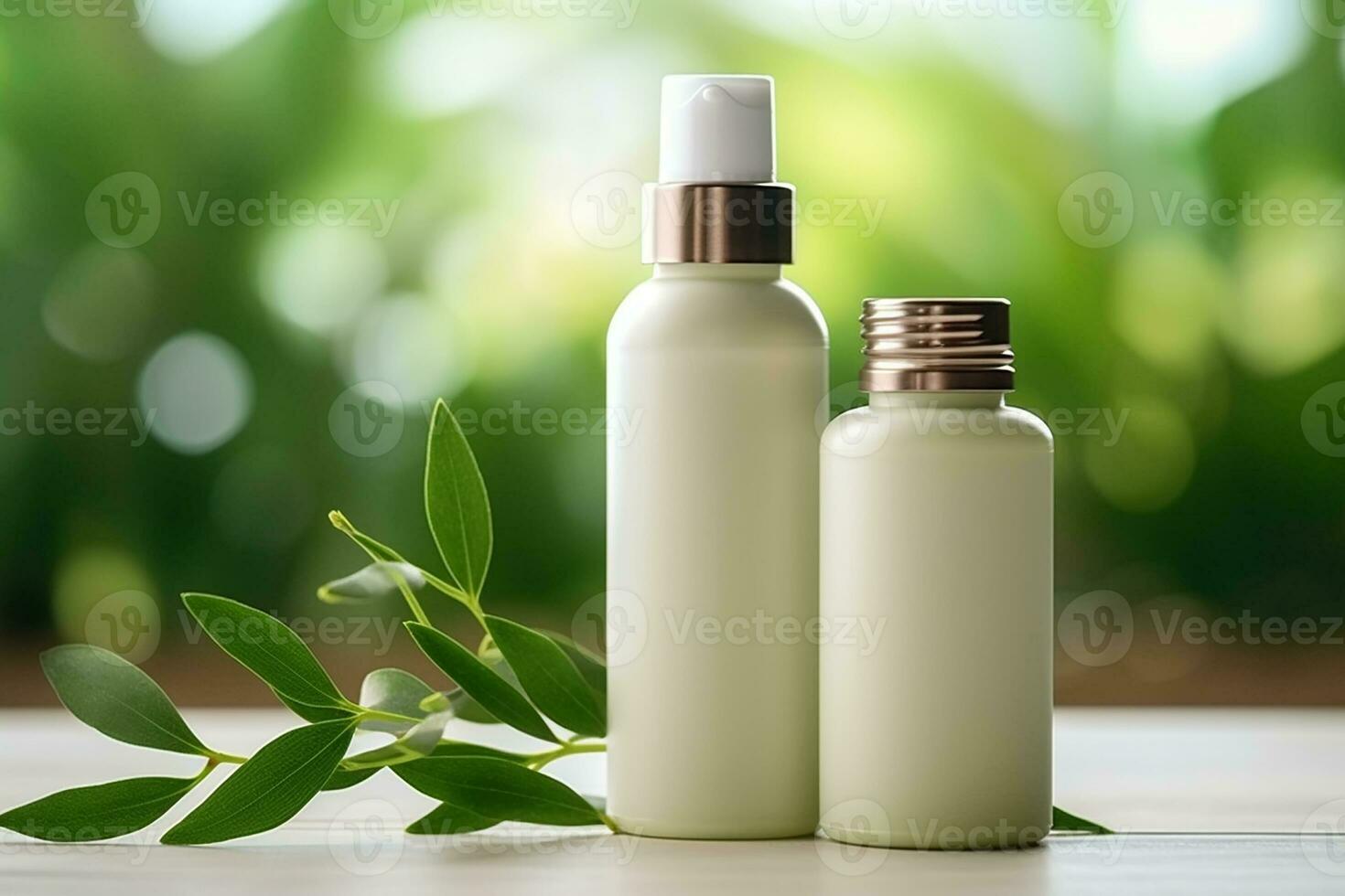 AI generated Bottles of oil and leaves on table against blurred background Natural cosmetic products presentation Beauty, wellness, body care spa concept. photo