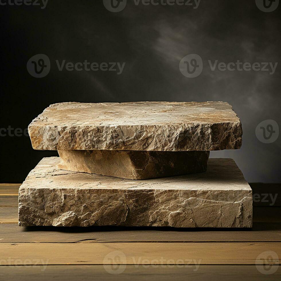 AI generated empty concrete natural stone podium for showing packaging and product on blurred background, copy space ,3d rendered photo