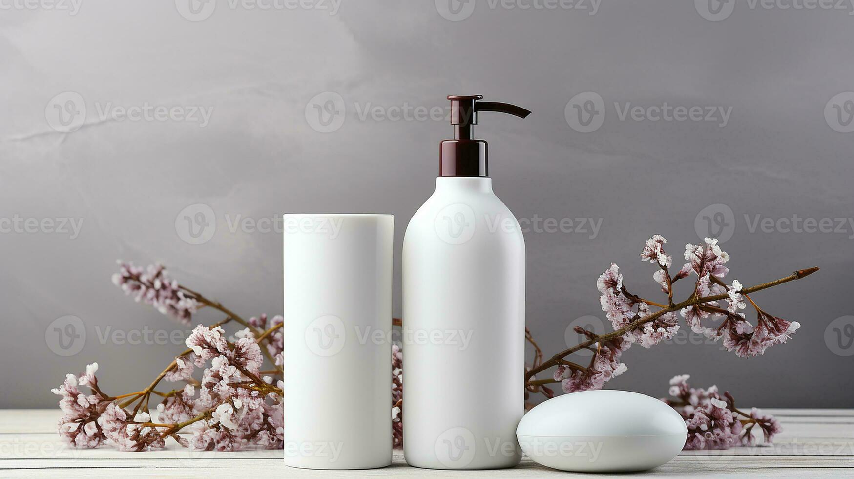 AI generated Beautiful spa and cosmetics products composition on wooden table Natural cosmetic products presentation Beauty, wellness, body care spa concept. photo