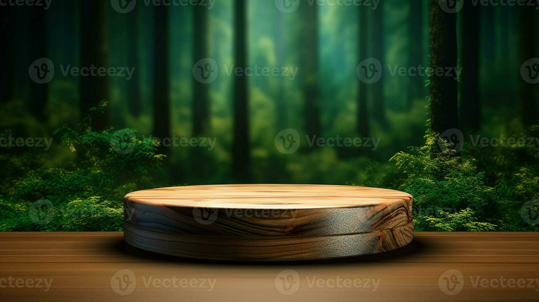 AI generated wooden podium product display in jungle or stage product showcase mock up Minimal scene for product display presentation photo