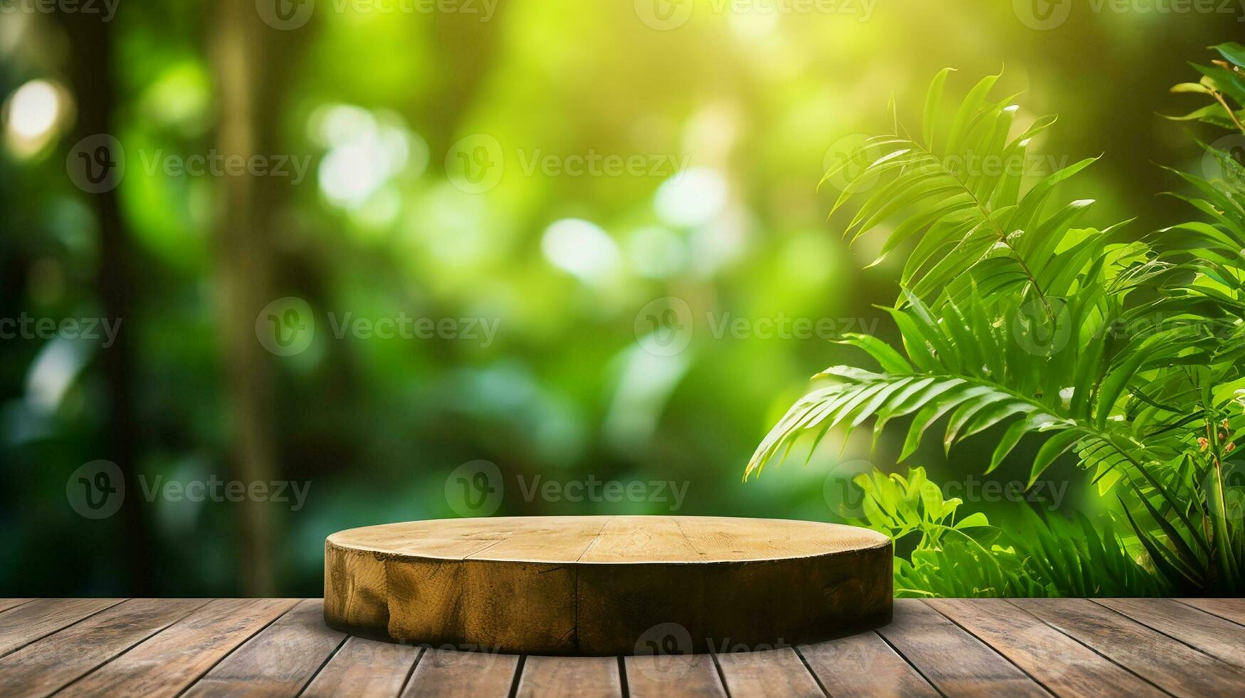 AI generated wooden podium product display in jungle or stage product showcase mock up Minimal scene for product display presentation photo