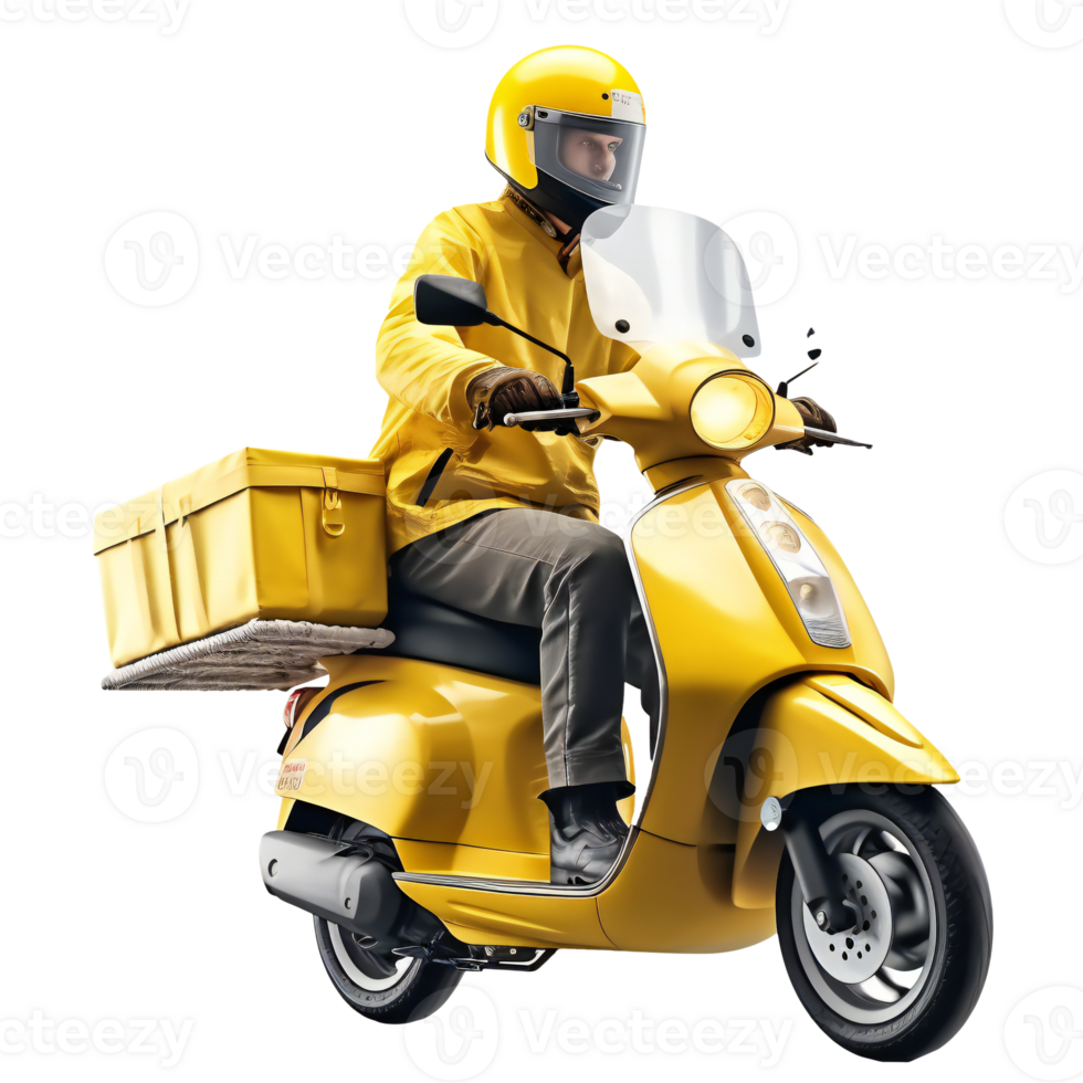 AI generated Isolated yellow delivery scooter bike with a driver. Generative ai art png