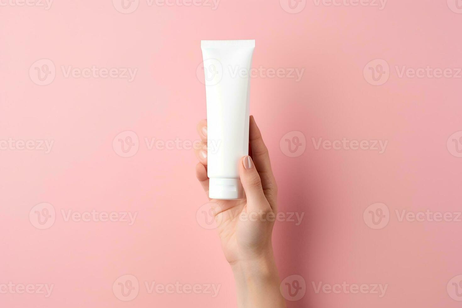 AI generated White empty facewash bottle in women hand photo