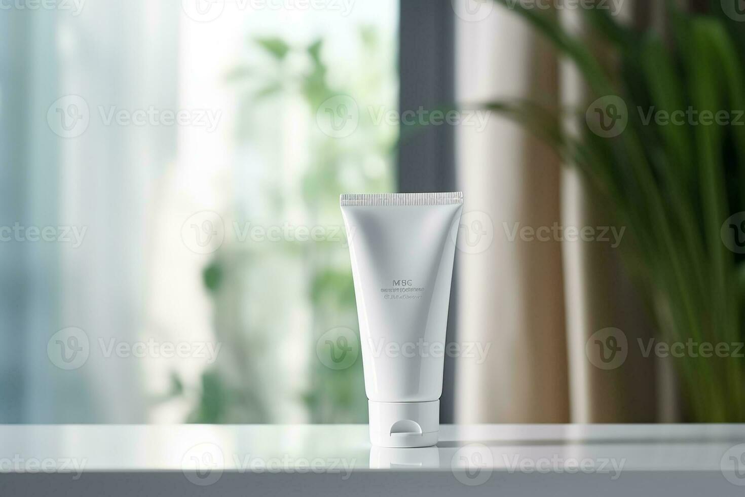 AI generated White facewash tube in bathroom room interior mock-up, beauty and care product packaging template photo