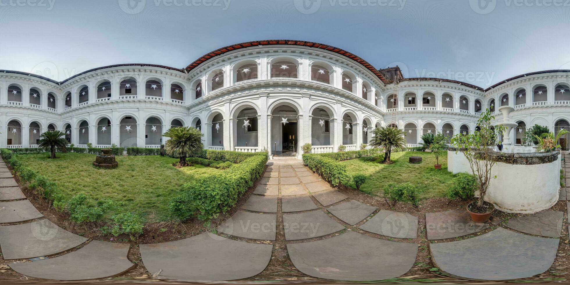 seamless spherical hdri 360 panorama overlooking yard in restoration of the historic castle or palace in equirectangular projection photo