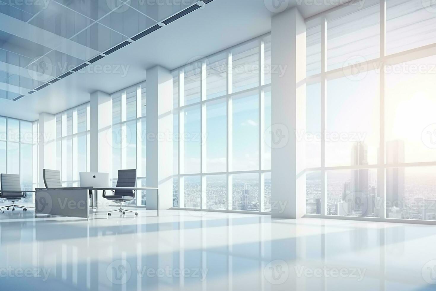 AI generated Beautiful blurred background of a modern office interior in gray tones with panoramic windows photo
