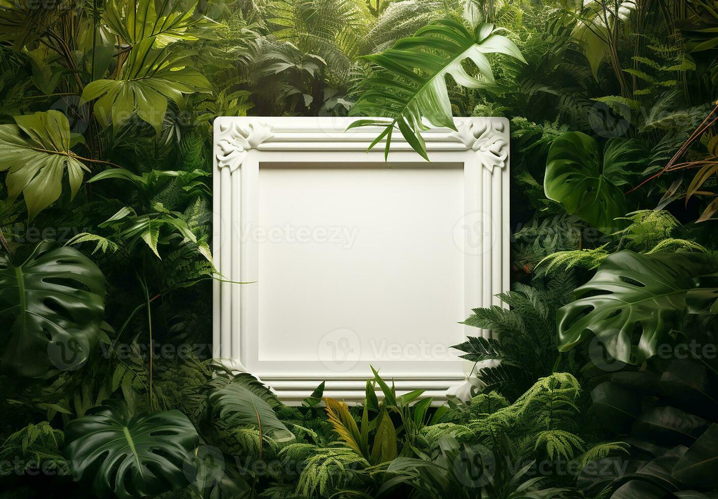 AI generated Tropical foliage background with blank card photo