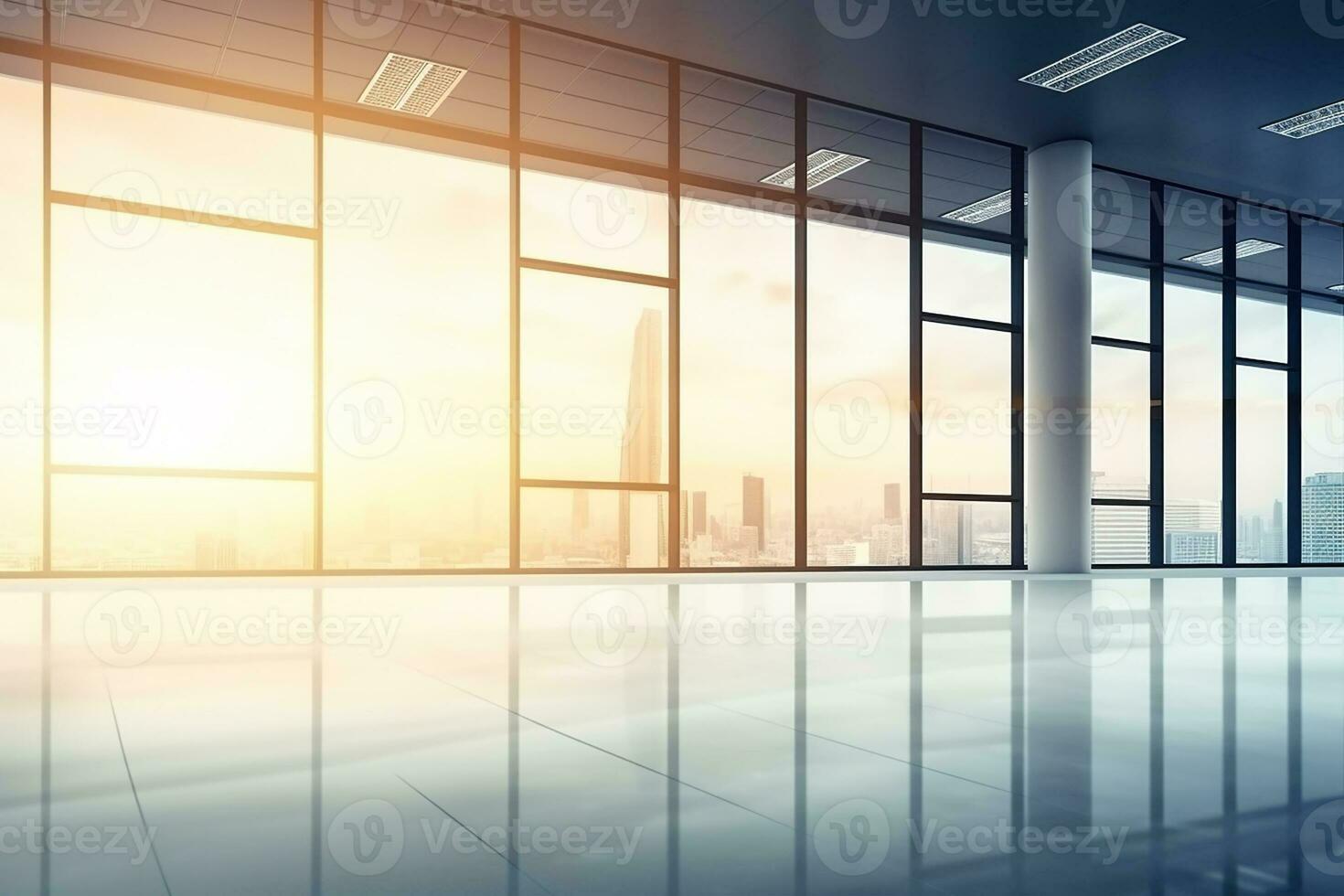 AI generated Beautiful blurred background of a modern office interior in gray tones with panoramic windows photo