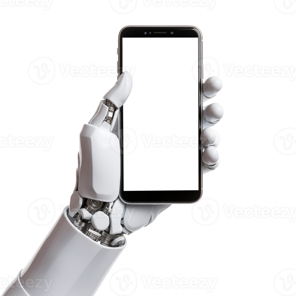 ai generato robot mano con smartphone isolato su trasparente sfondo bianca smartphone schermo. generativo ai. png