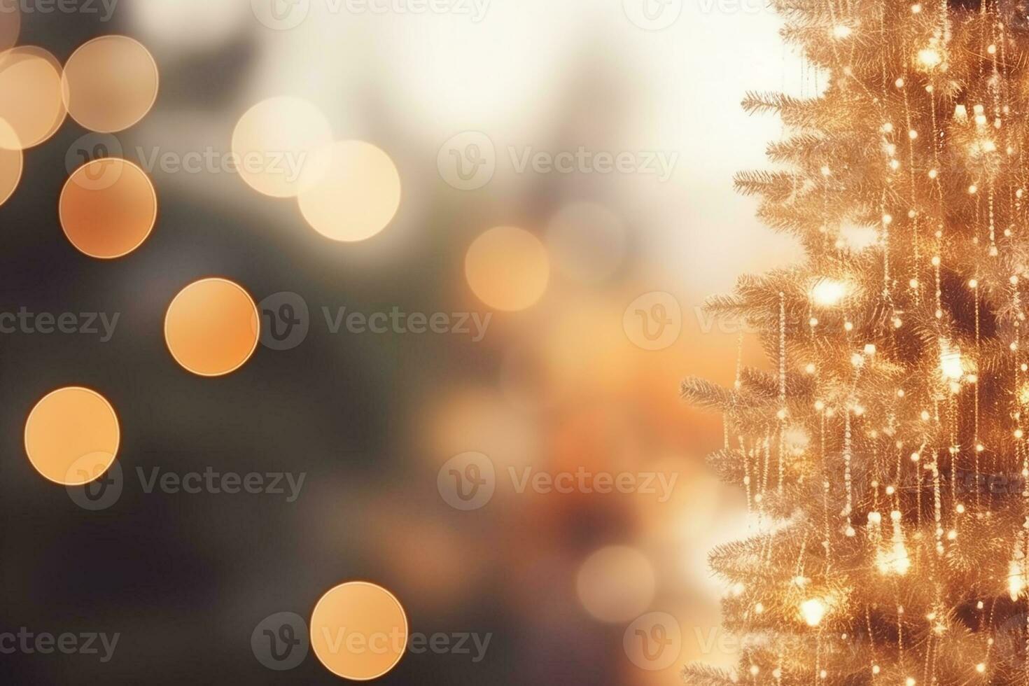 AI generated Beautiful festive Christmas snowy background. Christmas tree decorated red balls with snowfall and blurred light background. banner format, copy space. photo