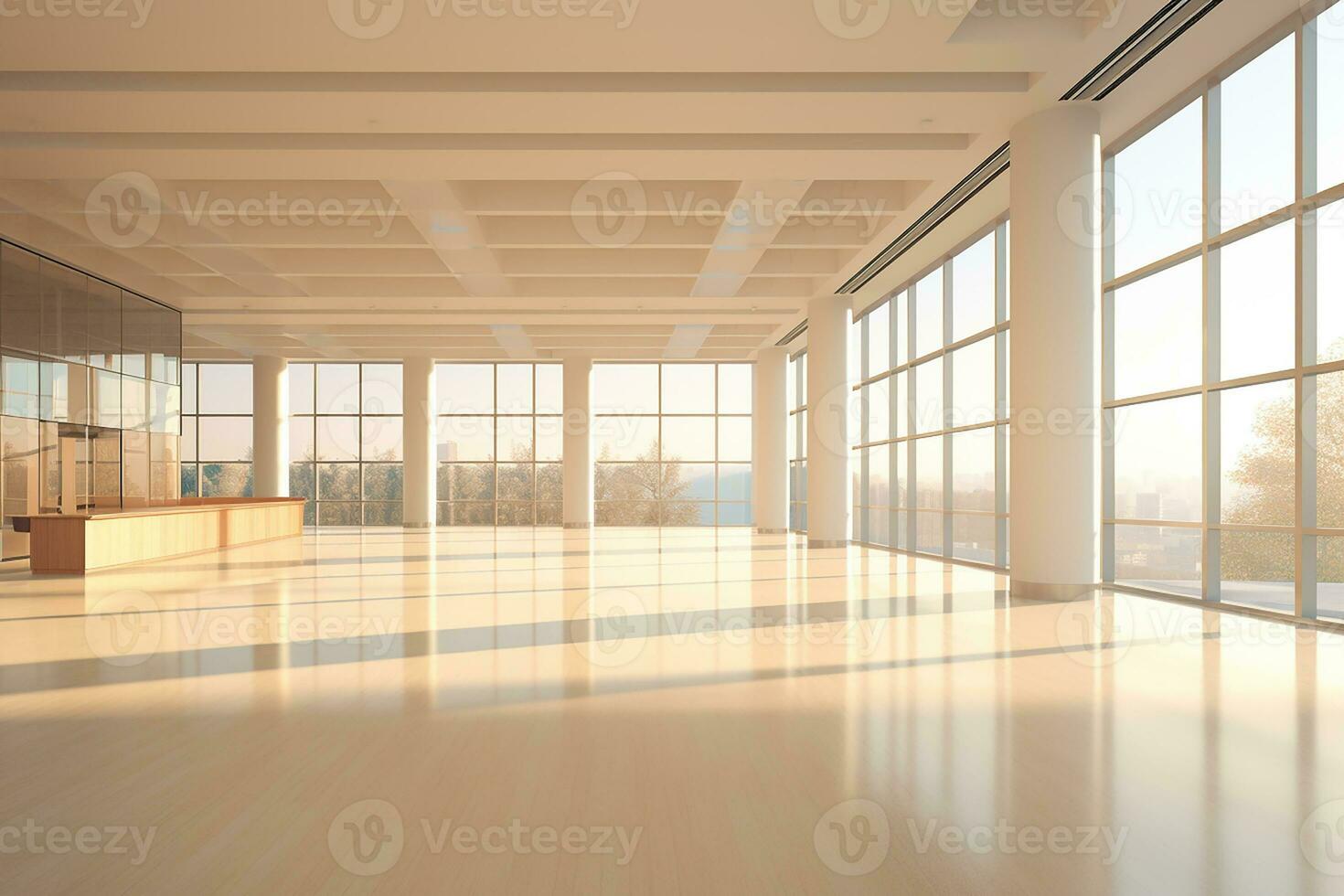 AI generated Beautiful background of a modern office interior in with panoramic windows photo