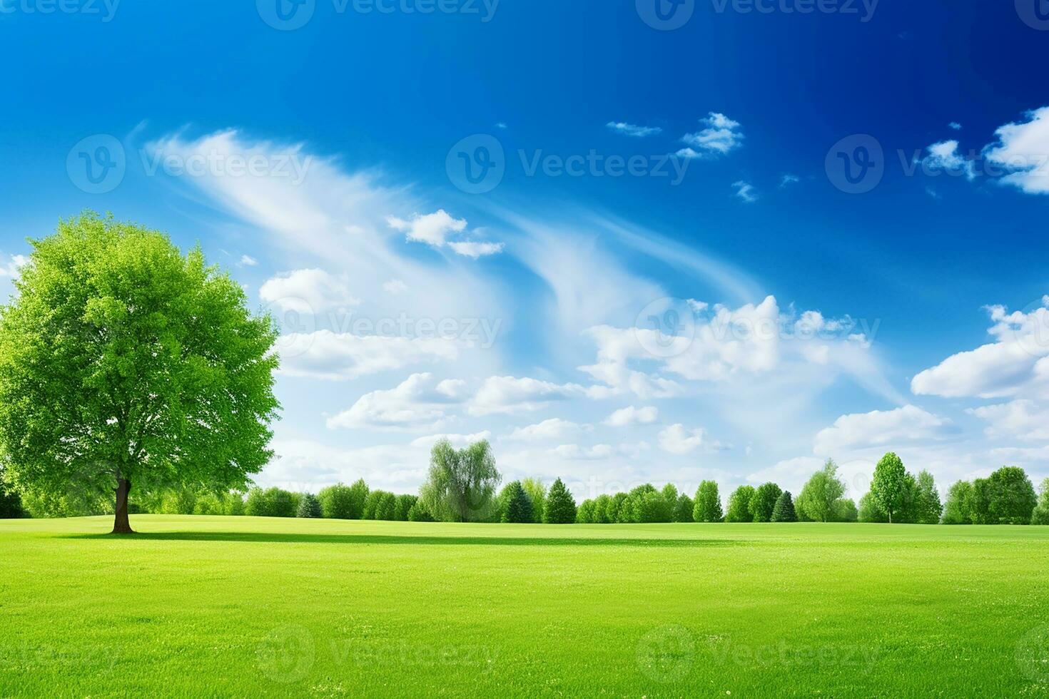 AI generated Beautiful blurred background image of spring nature with a neatly trimmed lawn surrounded by trees against a blue sky with clouds on a bright sunny day photo