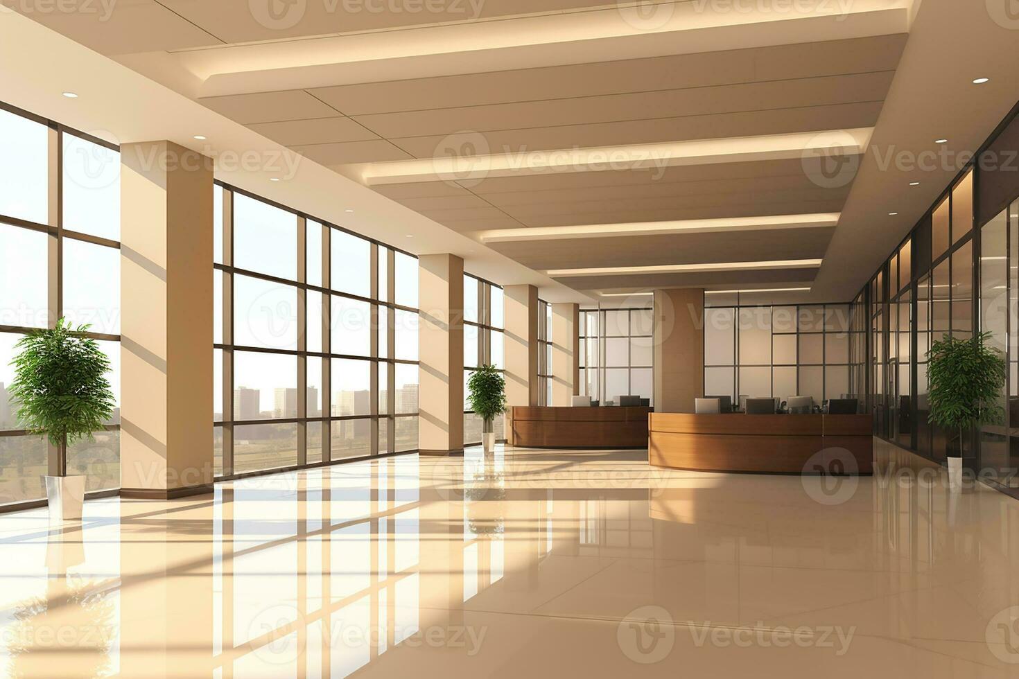 AI generated Beautiful background of a modern office interior in with panoramic windows photo