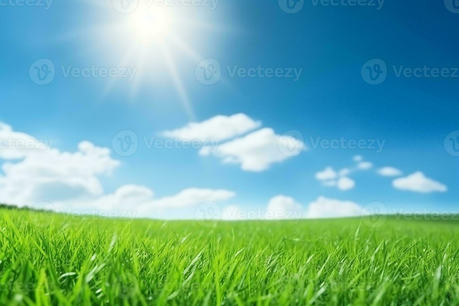 AI generated Beautiful blurred background image of spring nature with a neatly trimmed lawn surrounded by trees against a blue sky with clouds on a bright sunny day photo