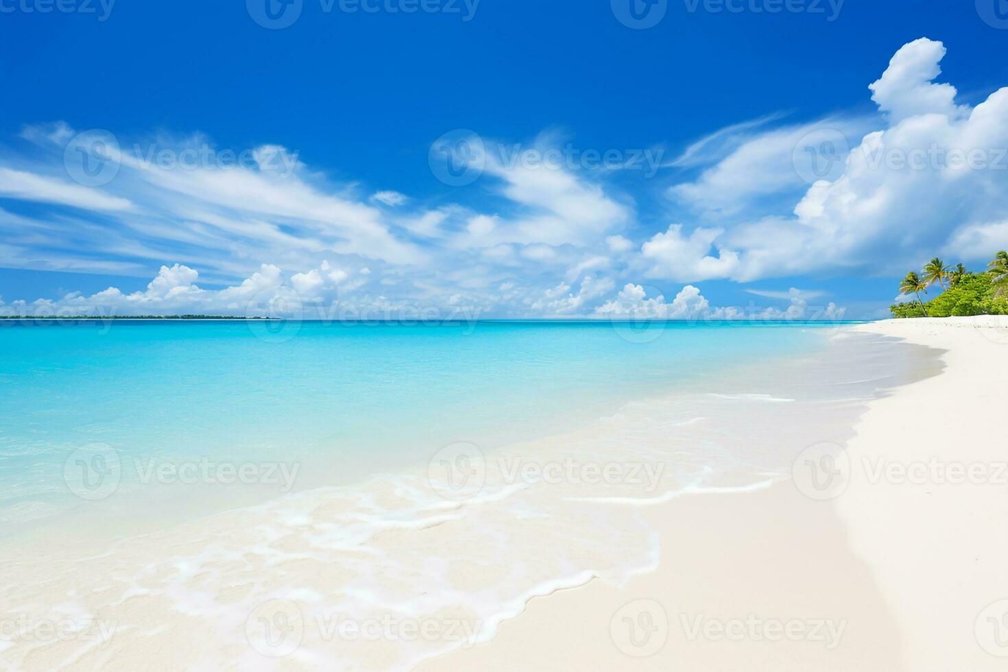 AI generated Clean ocean waves breaking on white sand beach with turquoise emerald coloured water photo