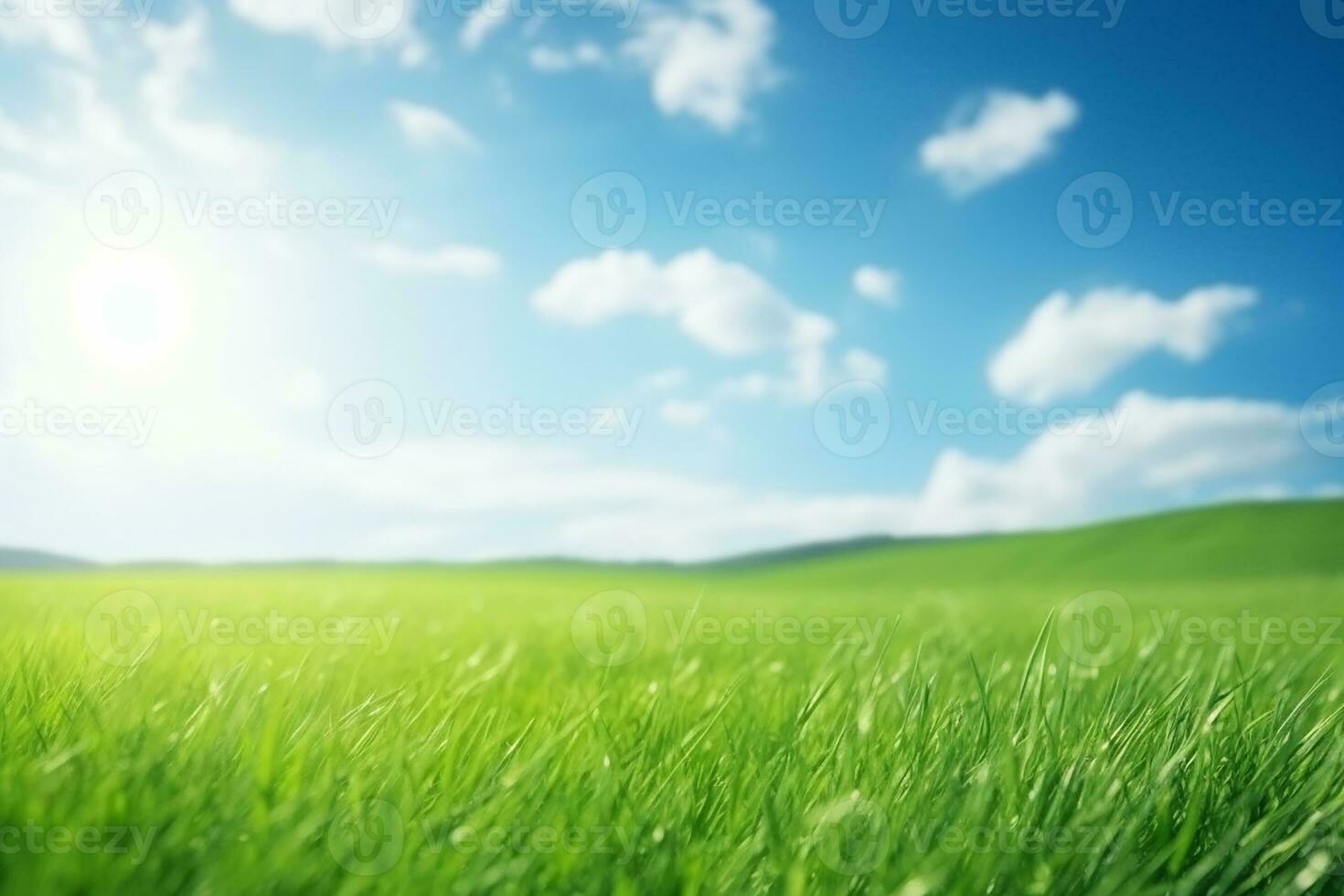AI generated Beautiful blurred background image of spring nature with a neatly trimmed lawn surrounded by trees against a blue sky with clouds on a bright sunny day photo