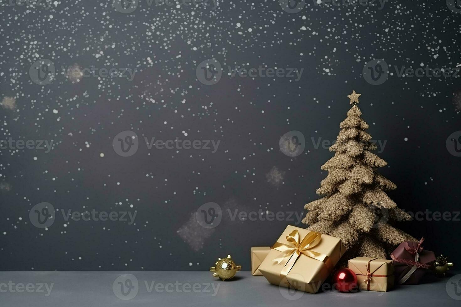 AI generated Winter panoramic background with , Christmas tree decorated with toys in snowfall. Christmas banner photo