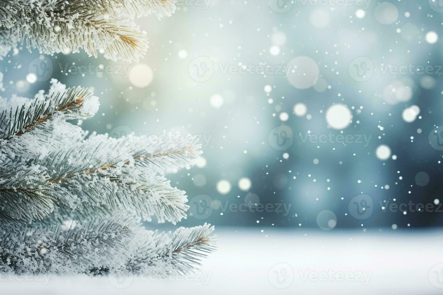 AI generated Snowflakes settling on pine branches under soft winter moonlight photo