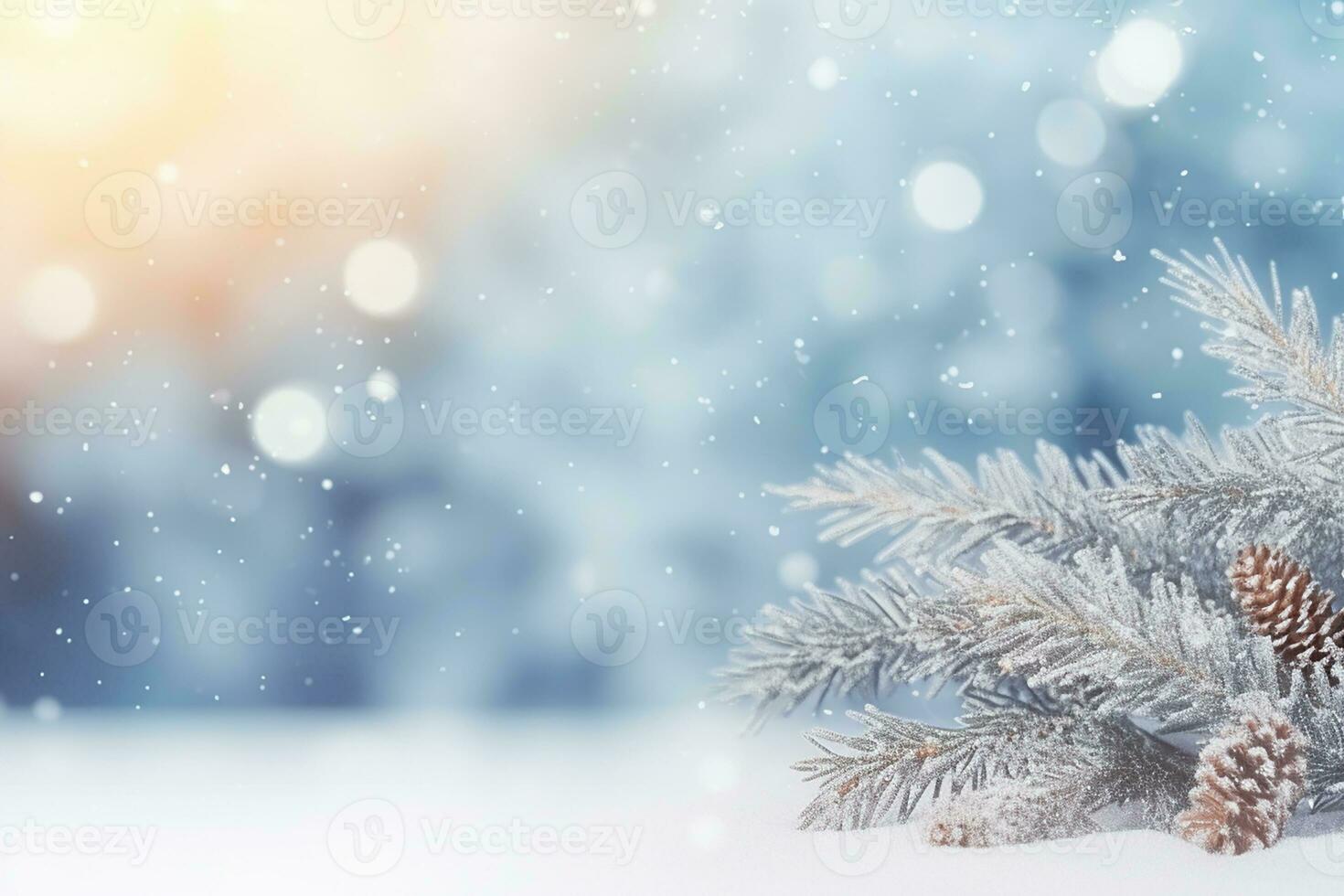 AI generated Snowflakes settling on pine branches under soft winter moonlight photo