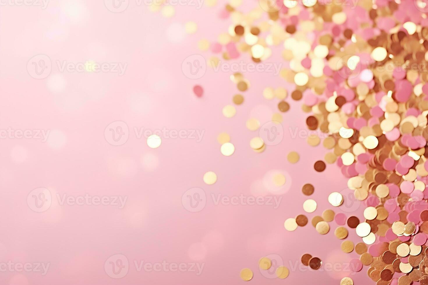 AI generated Golden sparkles on pink background. with scattered metal glitter in delicate pastel colors photo