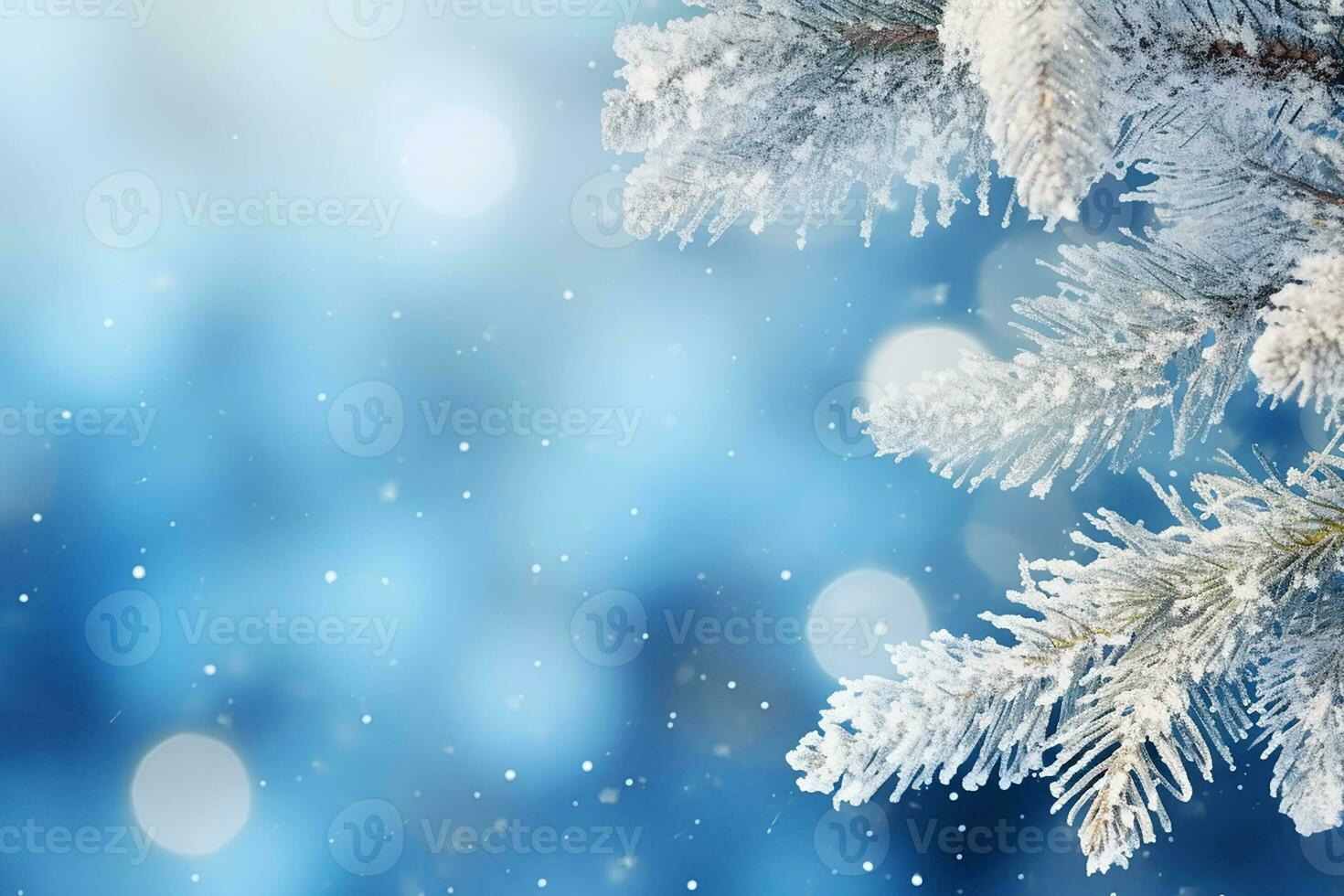 AI generated Snowflakes settling on pine branches under soft winter moonlight photo