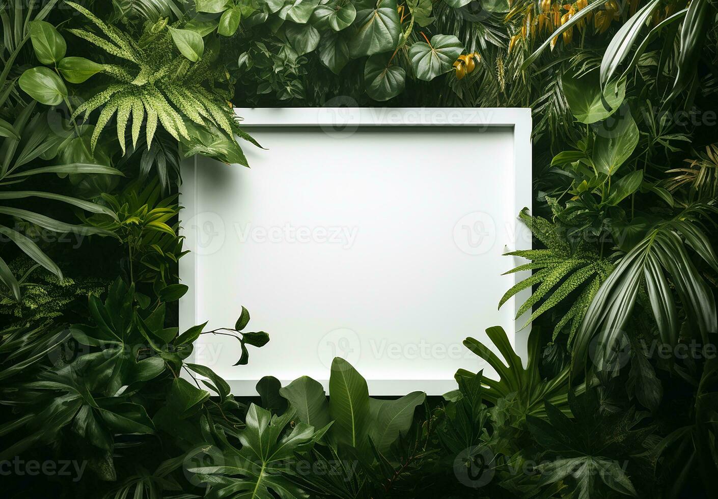 AI generated Tropical foliage background with blank card photo