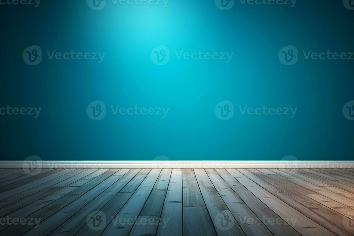 AI generated Blue empty wall and wooden floor with interesting light glare. Interior background for the presentation photo