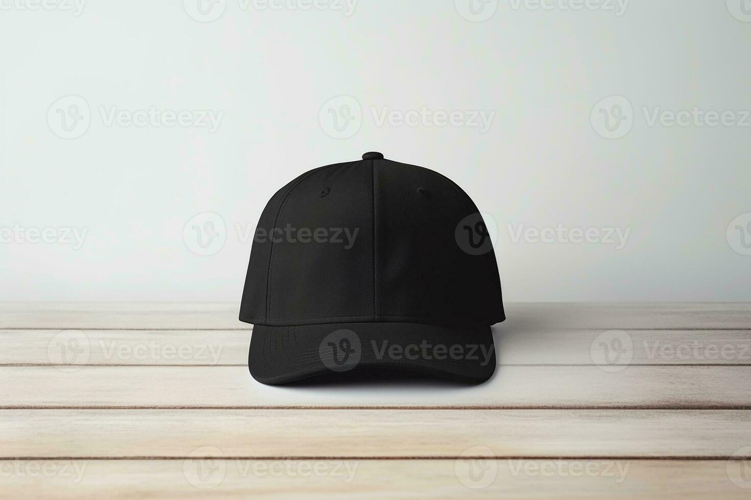 AI generated empty mockup black cap view wooden table photo