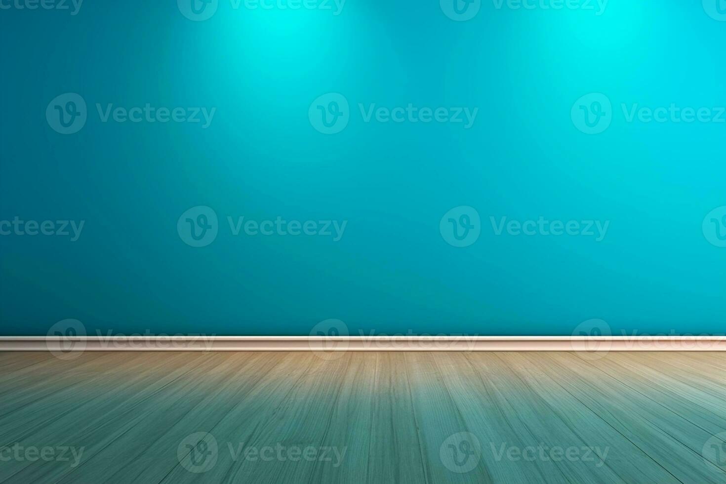 AI generated Blue empty wall and wooden floor with interesting light glare. Interior background for the presentation photo