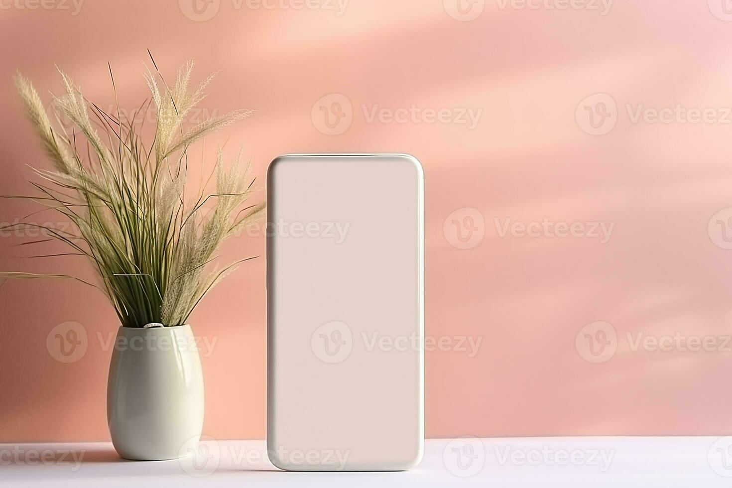 AI generated Smartphone mockup with flowers on table arrangement photo