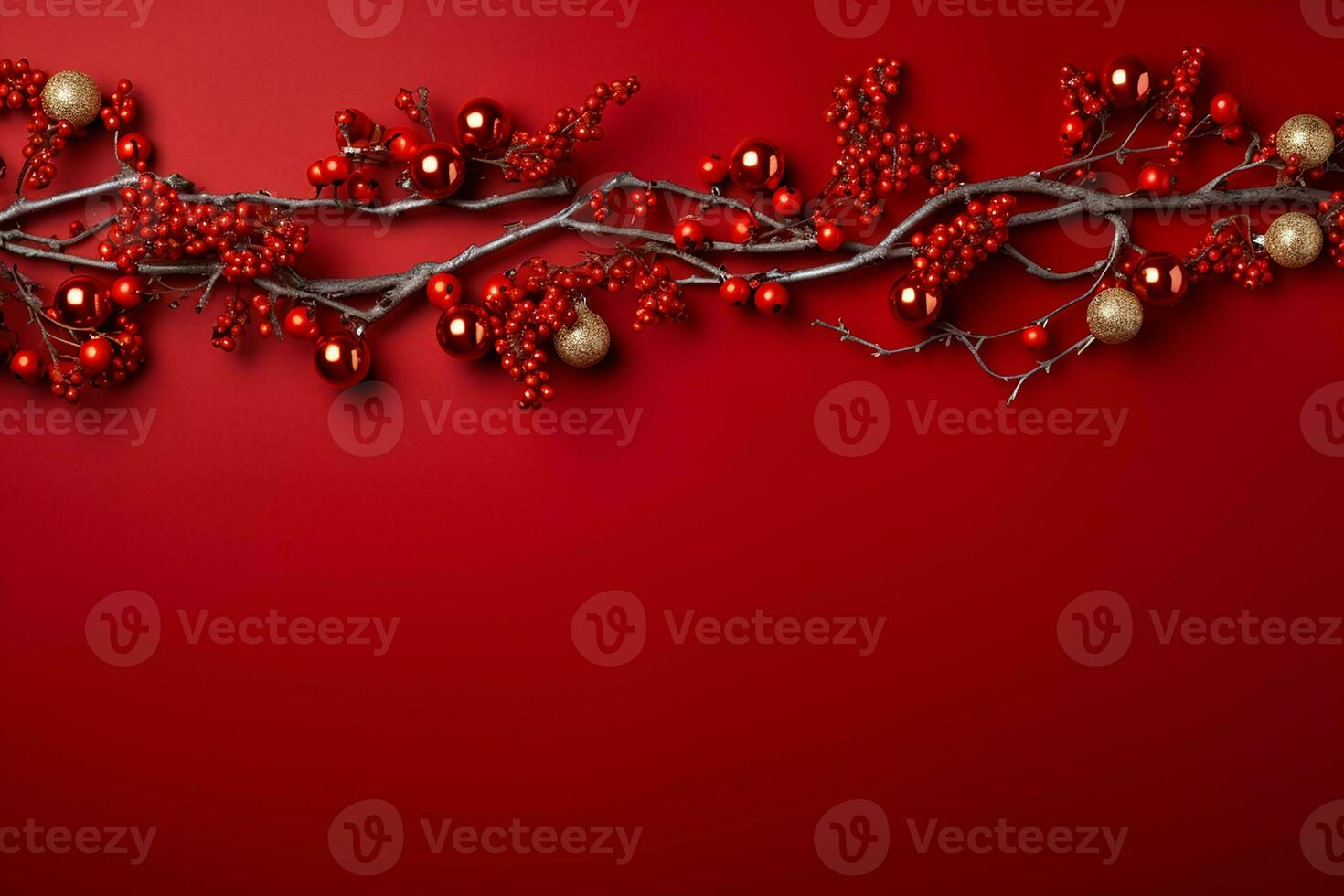 AI generated Christmas composition of branches with baubles with copy space photo