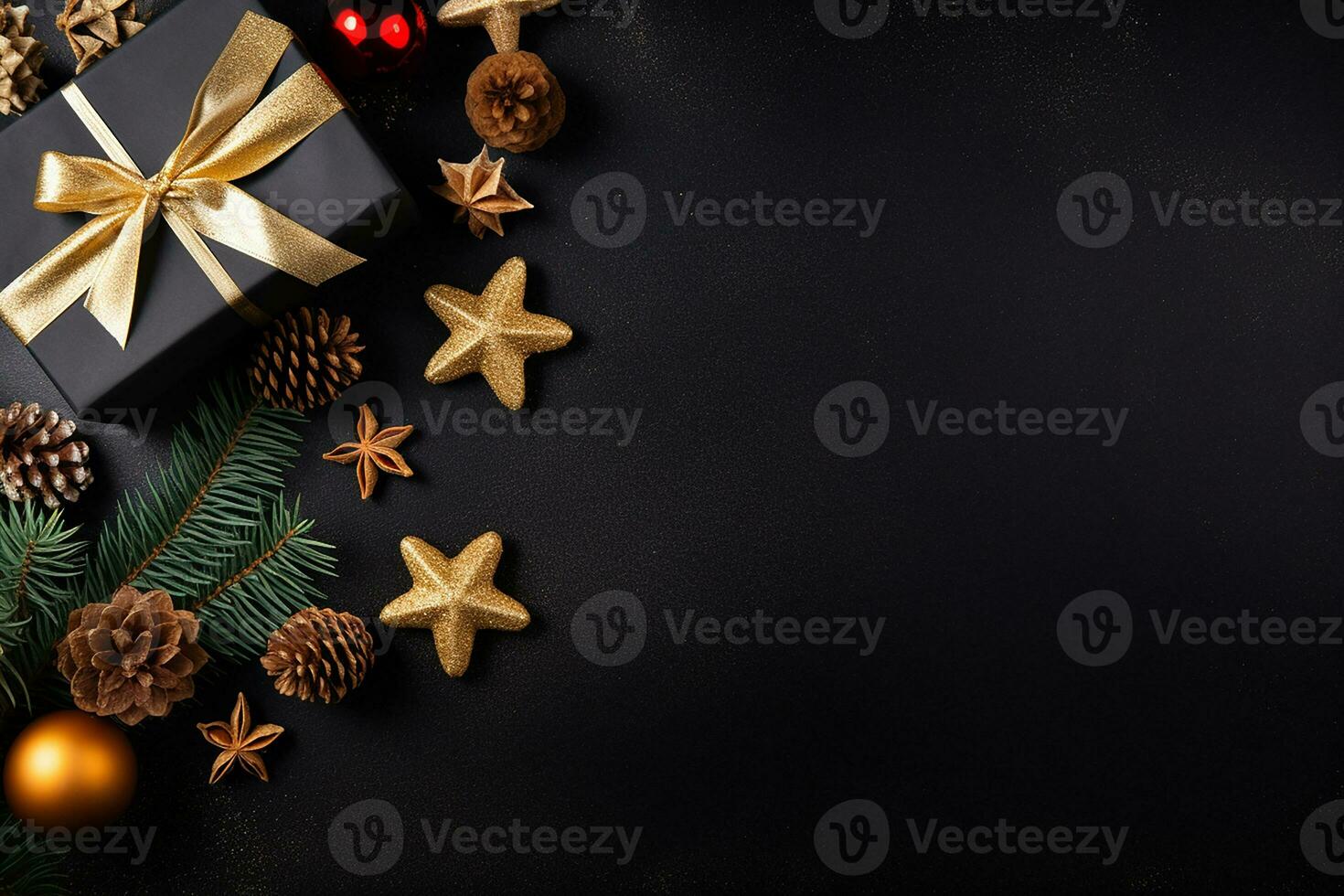 AI generated top view xmas presents new year holiday christmas gift on background photo