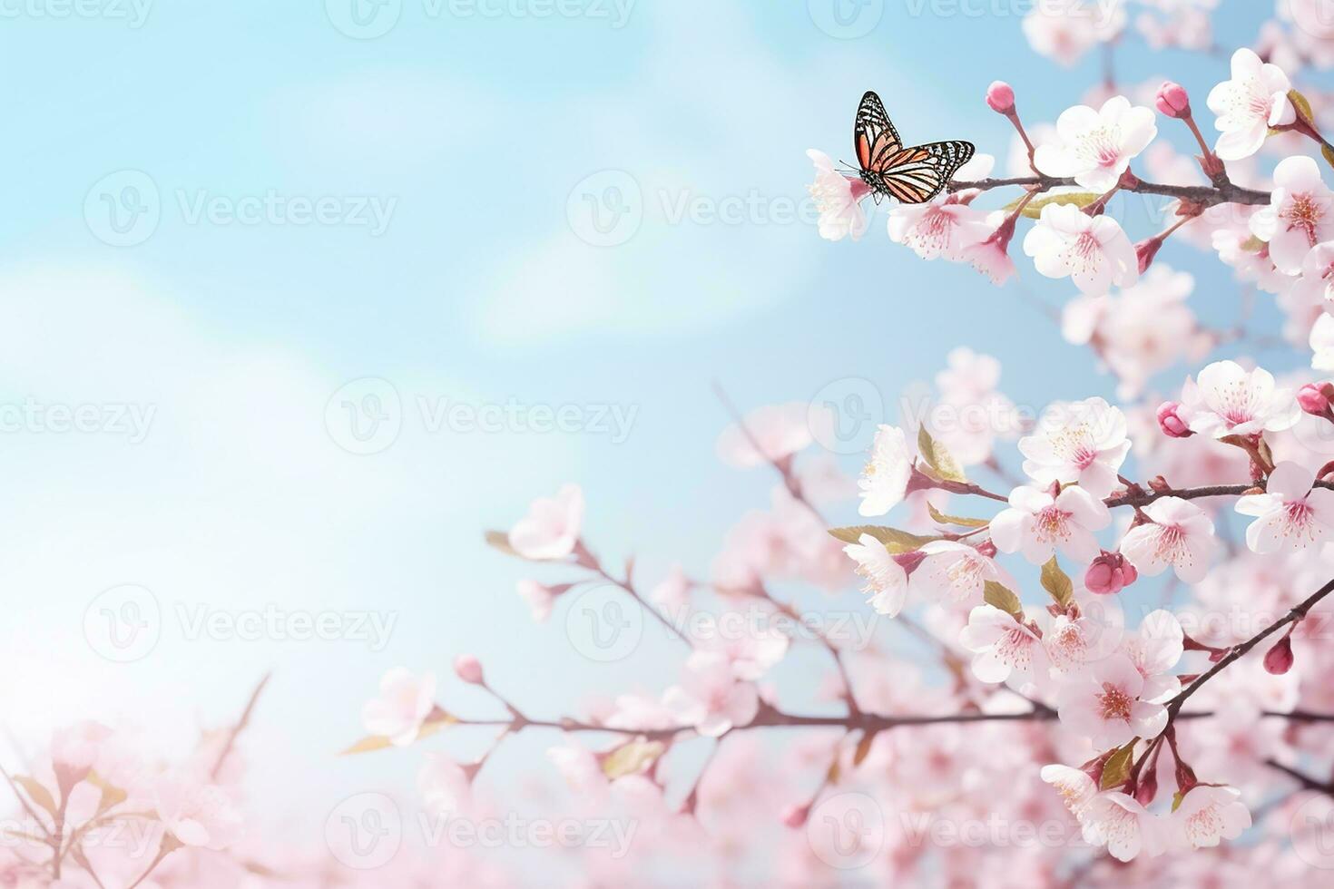 AI generated blossoming cherry against background of blue sky and butterflies on nature outdoors. Pink sakura flowers, dreamy romantic image spring, landscape panorama, copy space photo