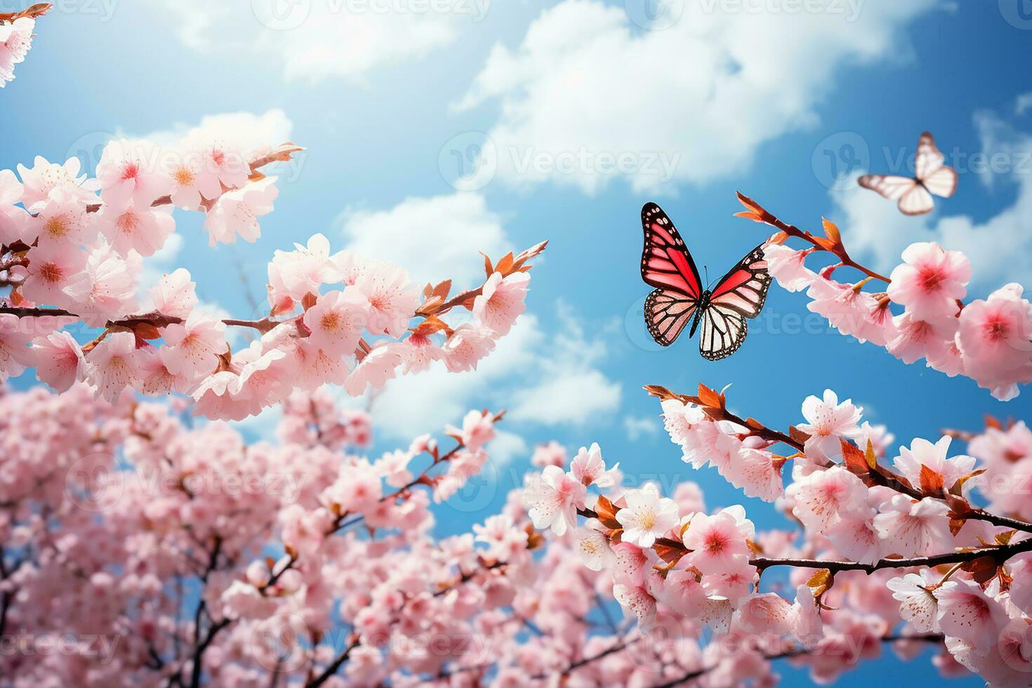 AI generated blossoming cherry against background of blue sky and butterflies on nature outdoors. Pink sakura flowers, dreamy romantic image spring, landscape panorama, copy space photo