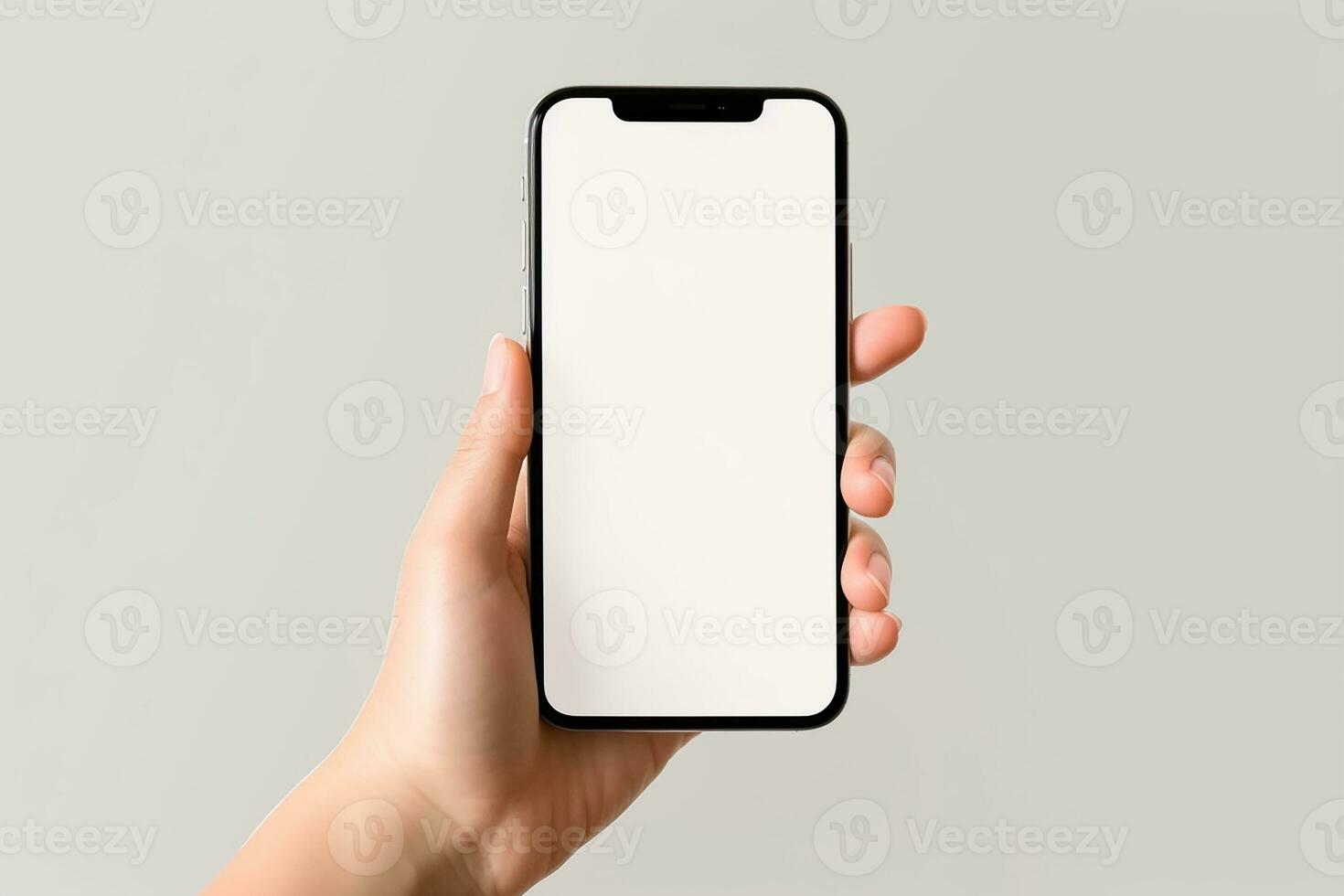 AI generated empty white blank man smartphone holding mockup photo