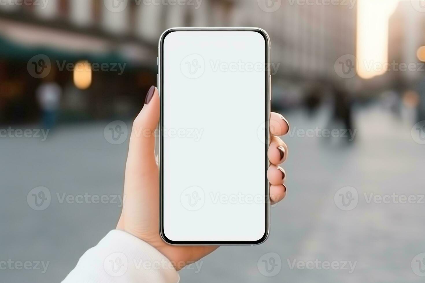 AI generated empty white blank man smartphone holding mockup photo