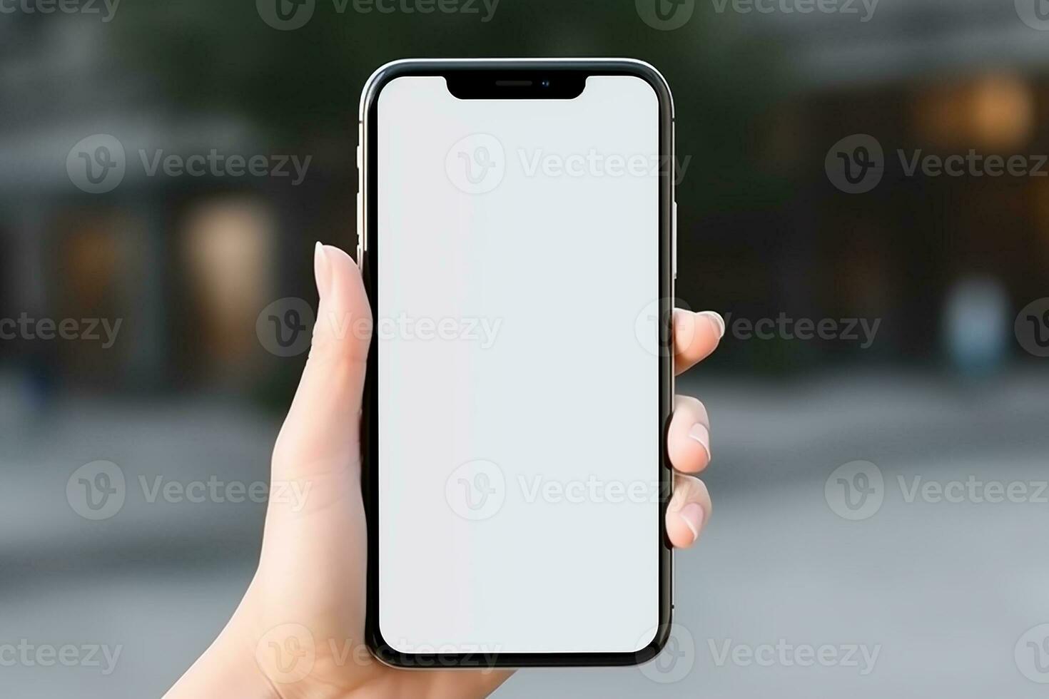 AI generated empty white blank man smartphone holding mockup photo