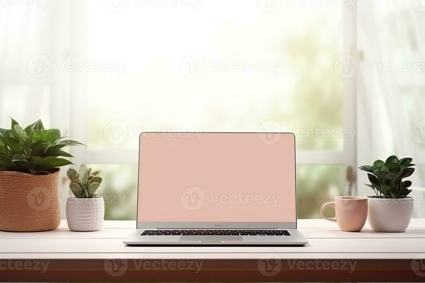 AI generated empty white blank laptop mockup on the table photo