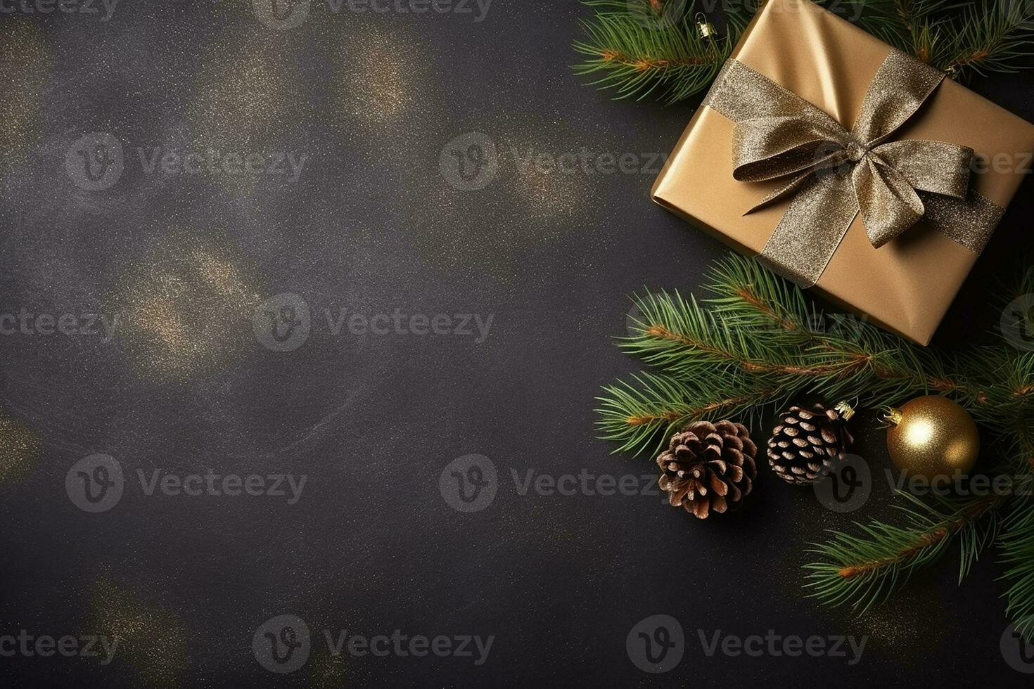 AI generated Christmas decoration composition on light gold background top view, copy space, banner format photo