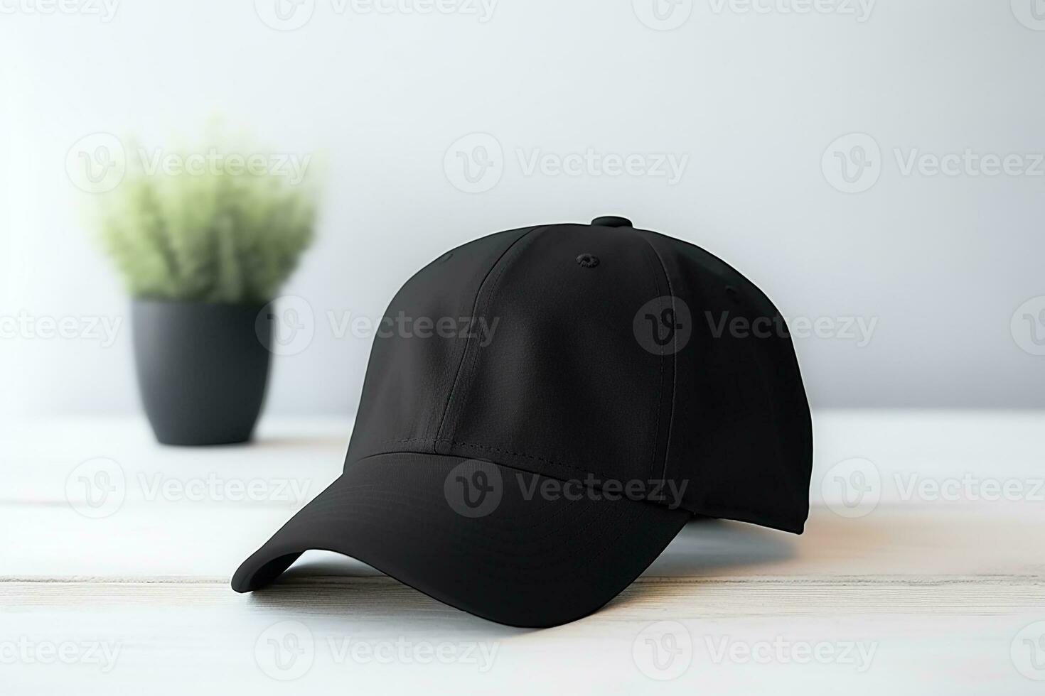 AI generated empty mockup black cap view wooden table photo