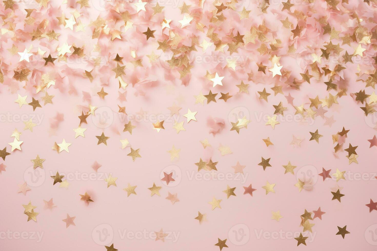 AI generated Golden sparkles on pink background. with scattered metal glitter in delicate pastel colors photo