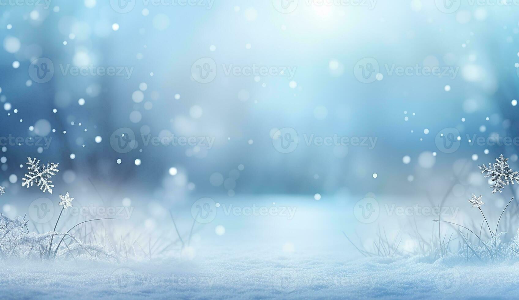 AI generated Beautiful background image of small snowdrifts, falling snow and snowflakes in white and blue tones. photo