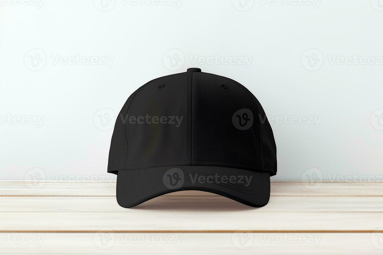 AI generated empty mockup black cap view wooden table photo
