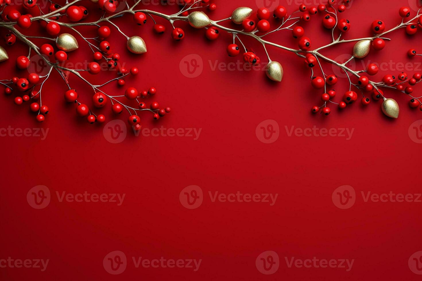 AI generated Christmas composition of branches with baubles with copy space photo