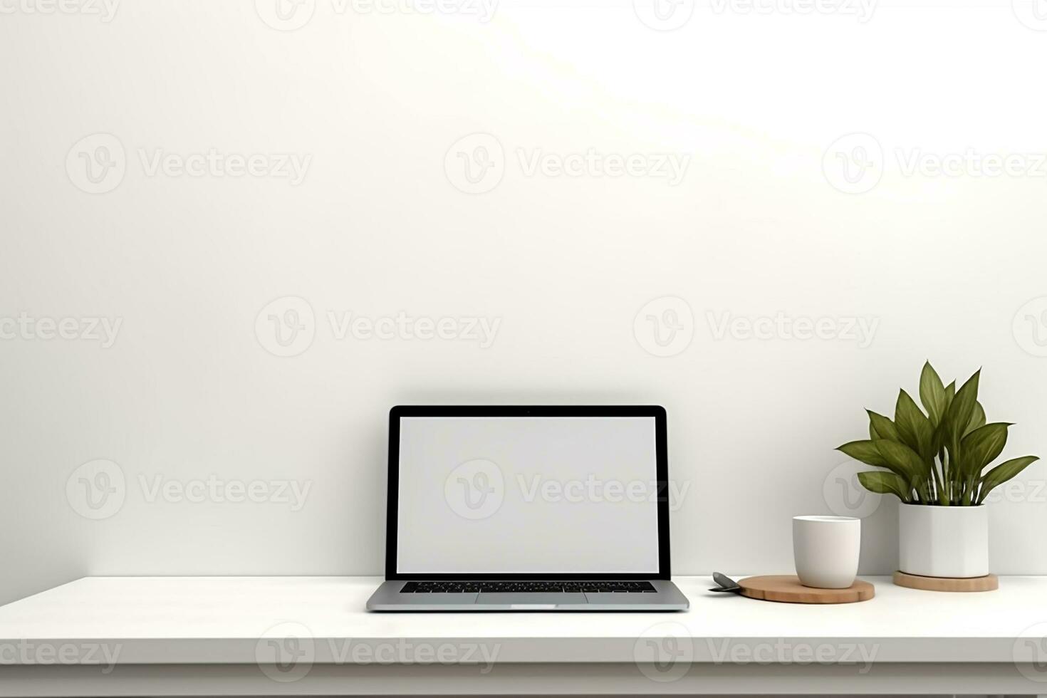 AI generated empty white blank laptop mockup on the table photo