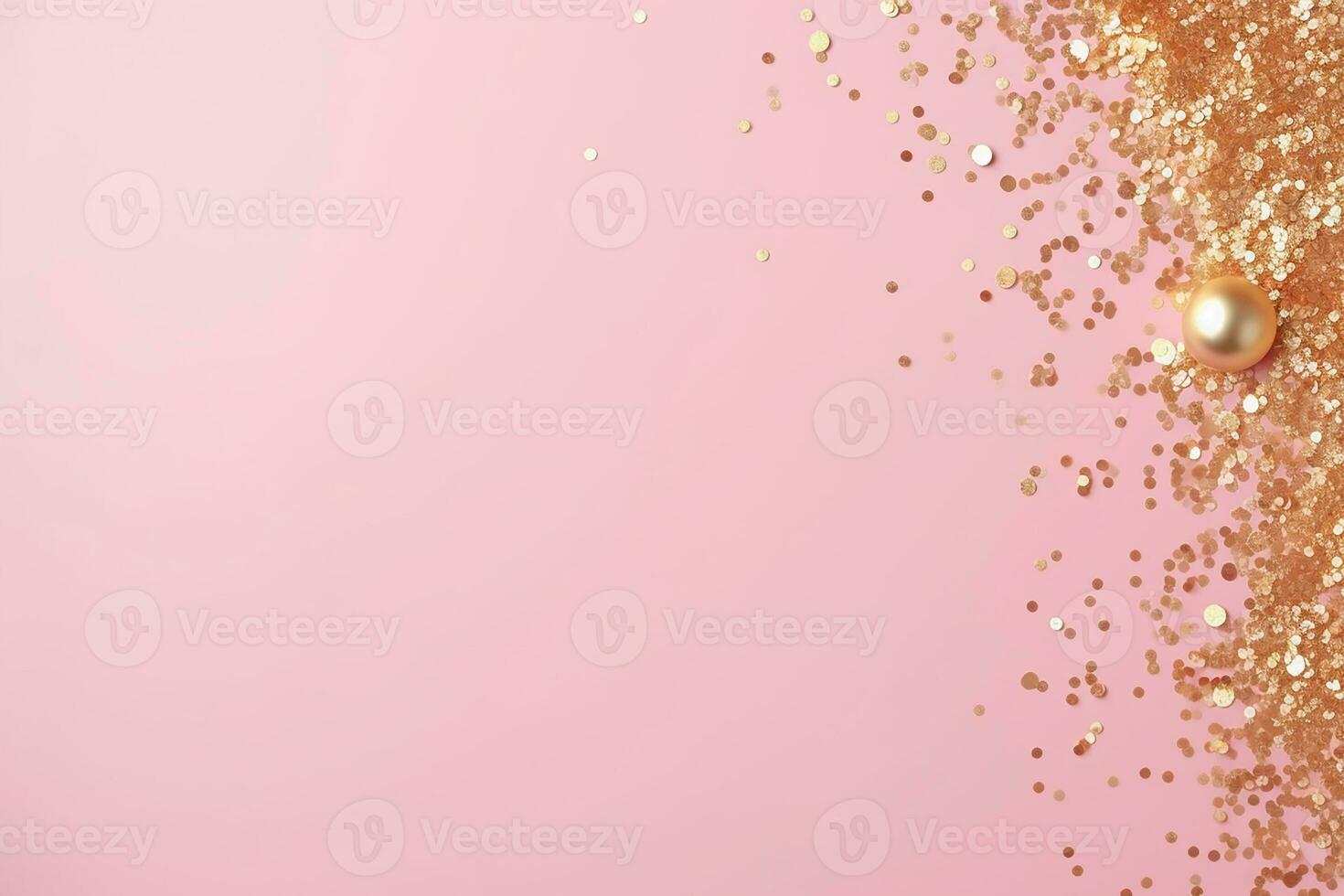 AI generated Golden sparkles on pink background. with scattered metal glitter in delicate pastel colors photo