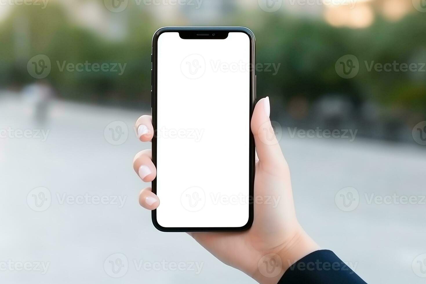 AI generated empty white blank woman smartphone holding mockup photo